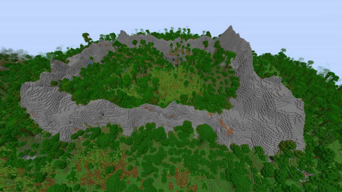 A Stony Peaks mountain with a Bamboo Jungle inside of the crater and a Bamboo Jungle outside of it.