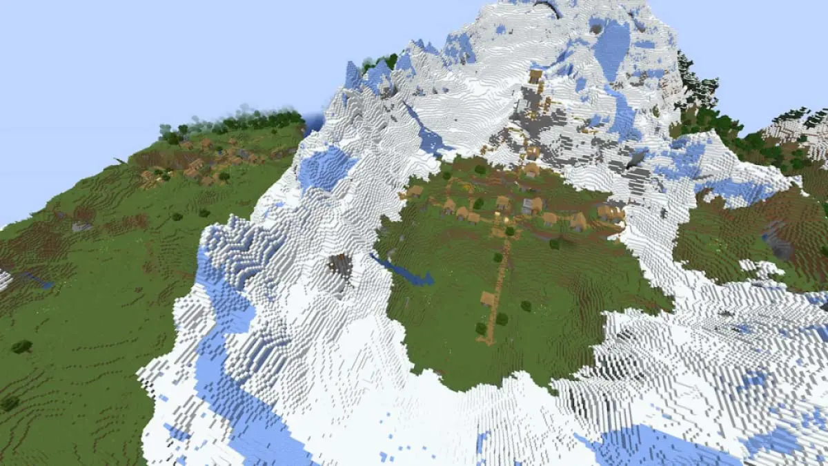 A Plains Village inside of a snowy mountain crater and a second Plains Village next to the mountain.