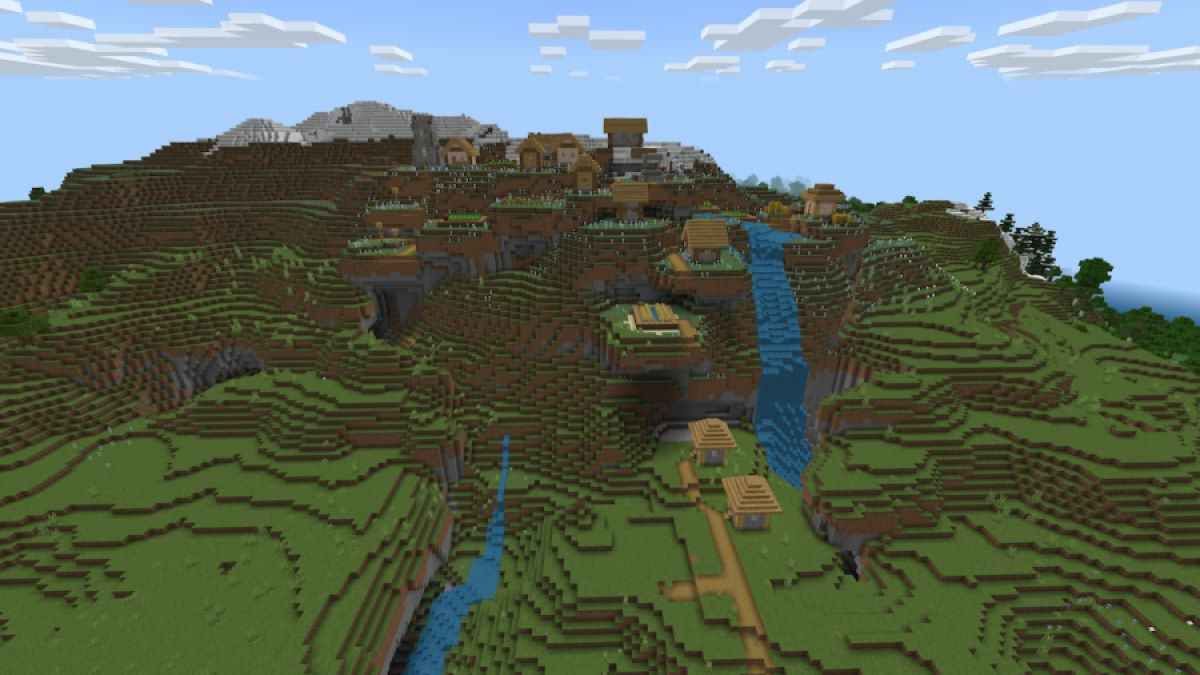 A Plains Village spread across the side of a Meadow with waterfalls.