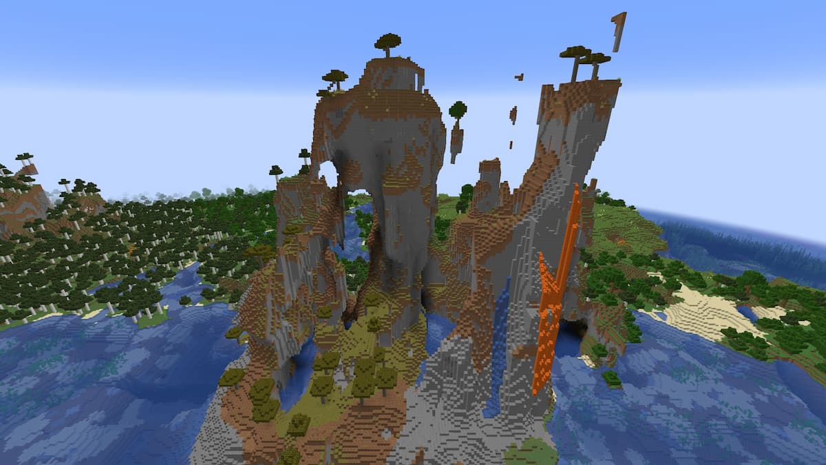 A Windswept Hills biome with waterfalls and lava pouring down the sides.