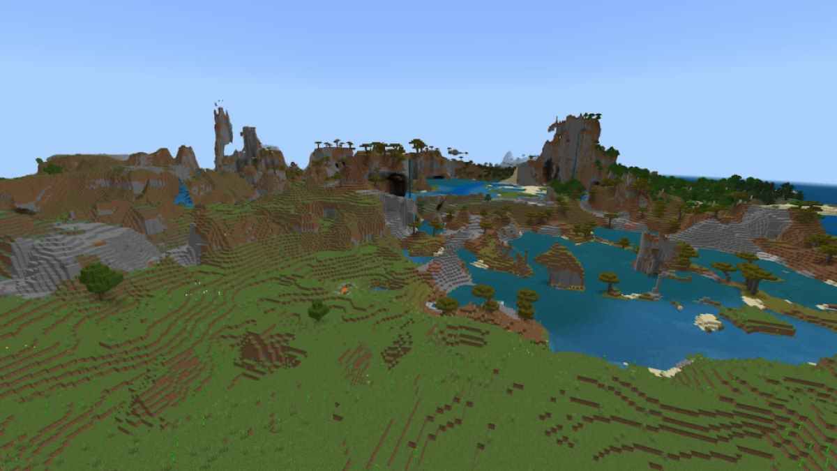 A Windswept Hills biome surrounded by water with waterfalls.