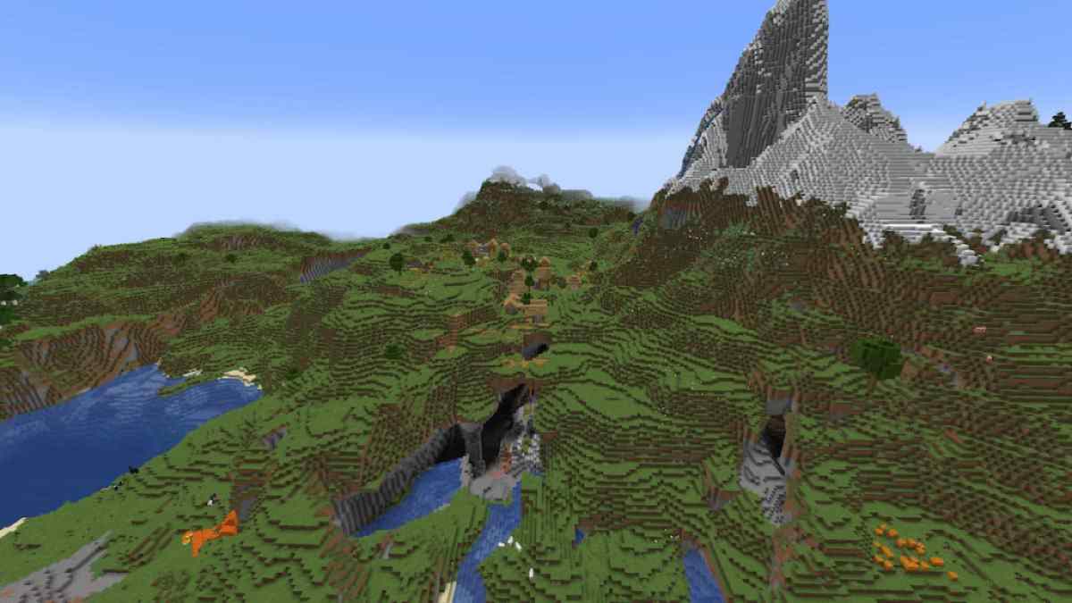 A Minecraft Plains Village on a large plains riddled with holes and tall mountains.