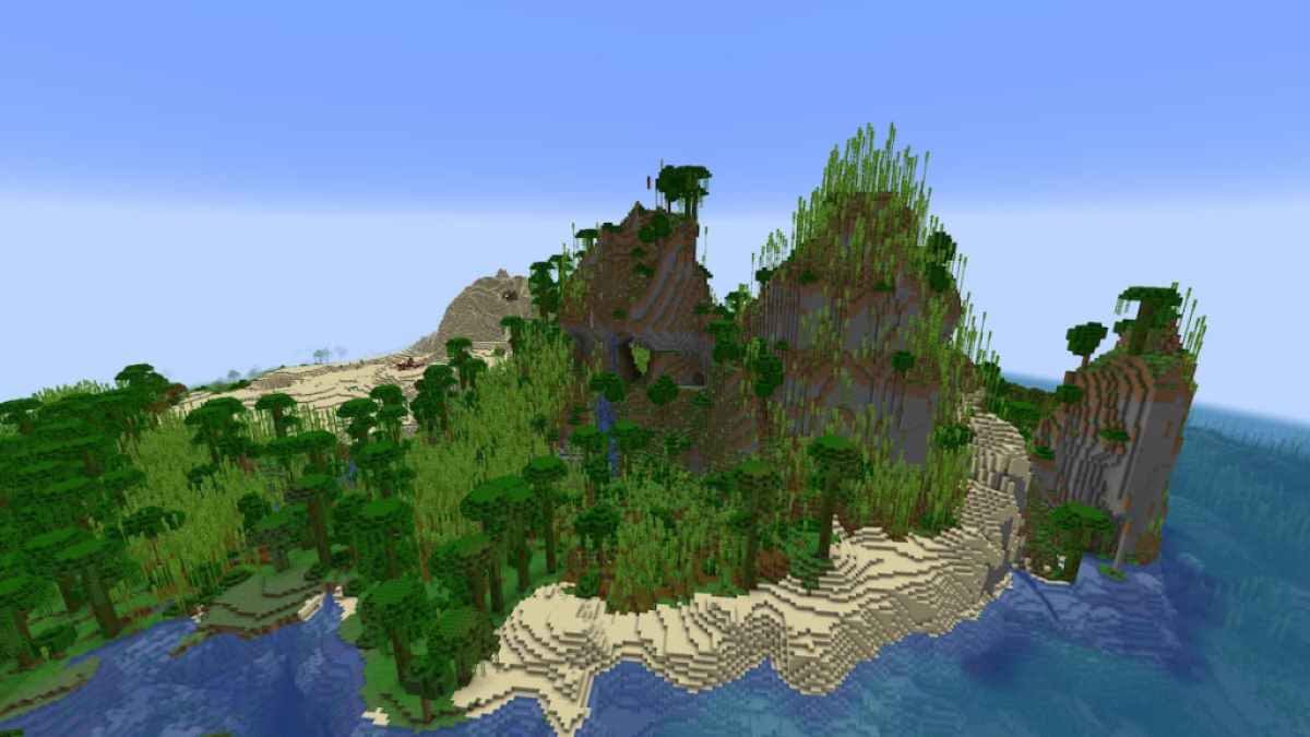 Towering Jungle Hills near a Beach, a Desert, and the ocean.