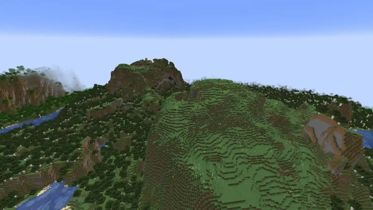 Large hills of Meadow biome in a huge Minecraft forest.