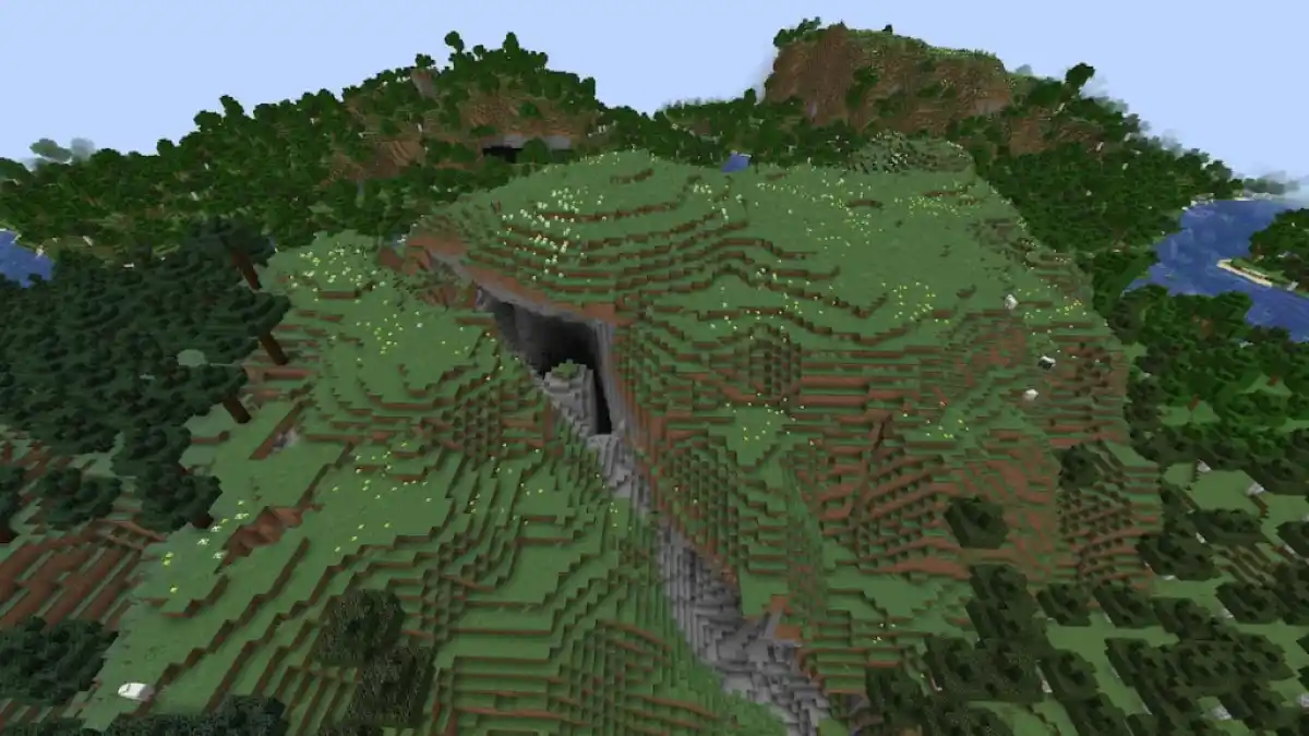 A beautiful Minecraft meadow split in half by a ravine.