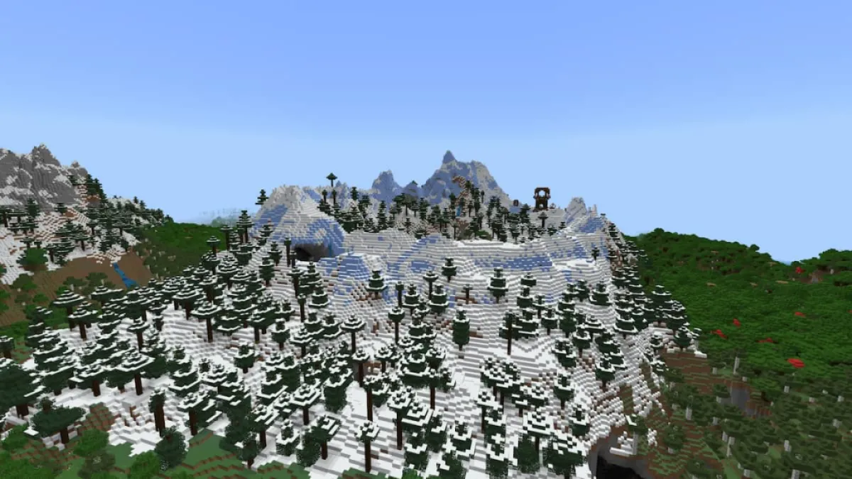 A Minecraft seed with a Pillager Outpost on top of a snowy mountain.