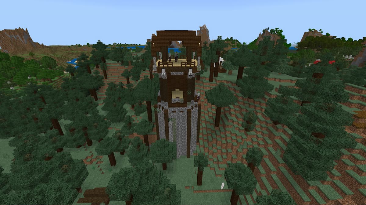 A Minecraft seed containing a tall Pillager Outpost.