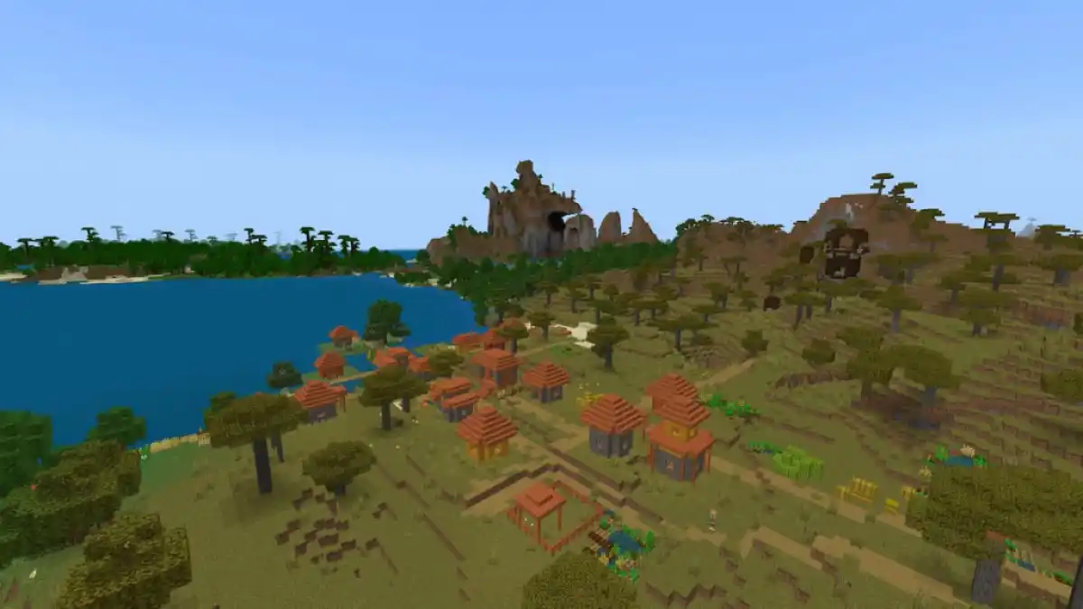 A Savanna Village built above a Minecraft Stronghold.