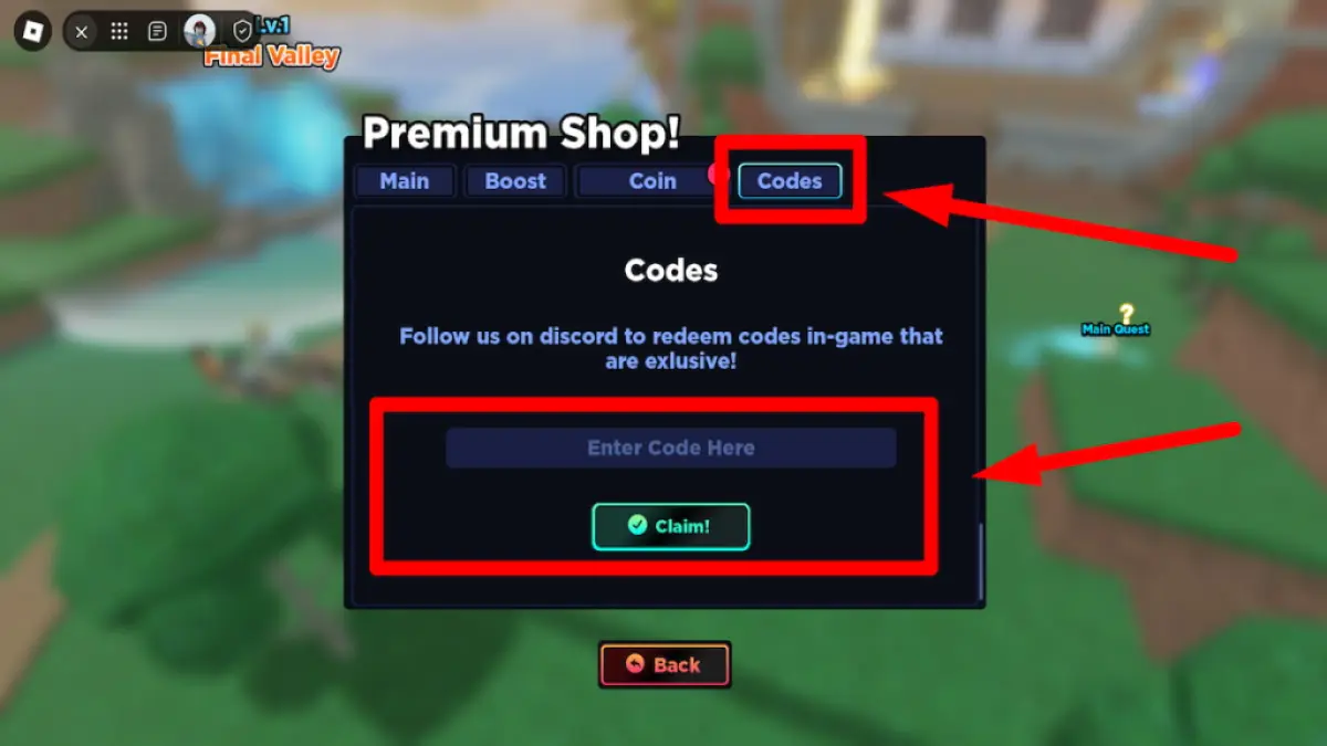 Roblox Anime Dungeon Fighters code redemption screen
