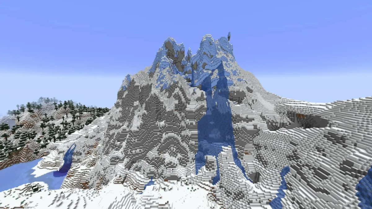 A large Frozen Peaks mountain with a cascading waterfall.