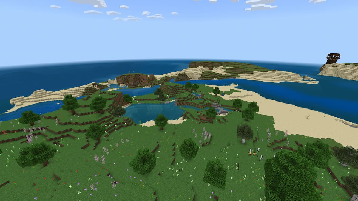 A Minecraft Beach surrounded by Sunflowers.