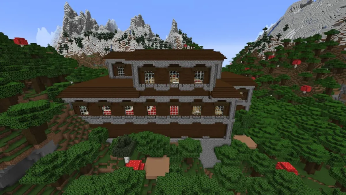A Woodland Mansion by a Lush Ravine and several snowy mountains.