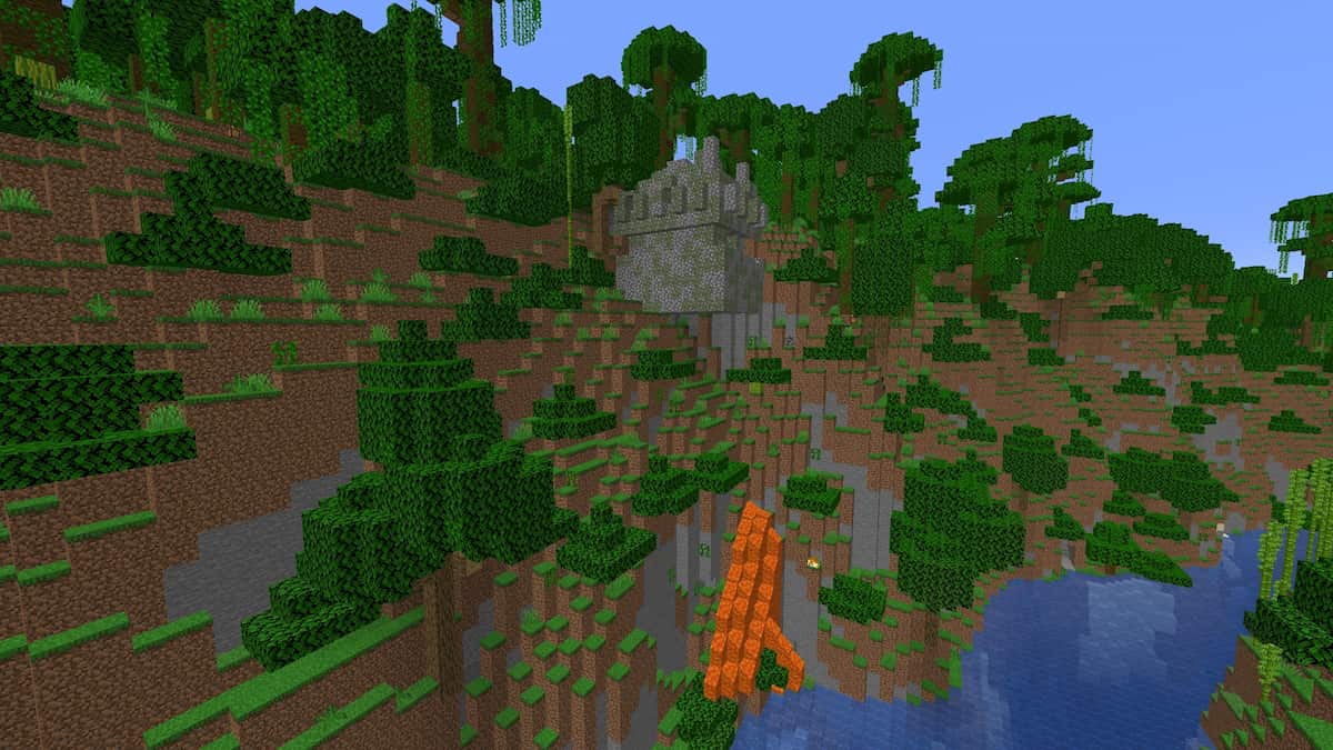 A Jungle Temple attached to a hill by its side and floating above lava.