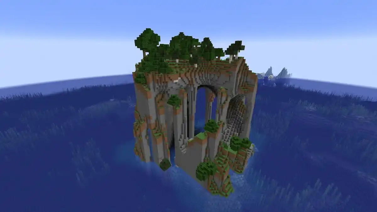 A towering forest island with a cave beneath it.