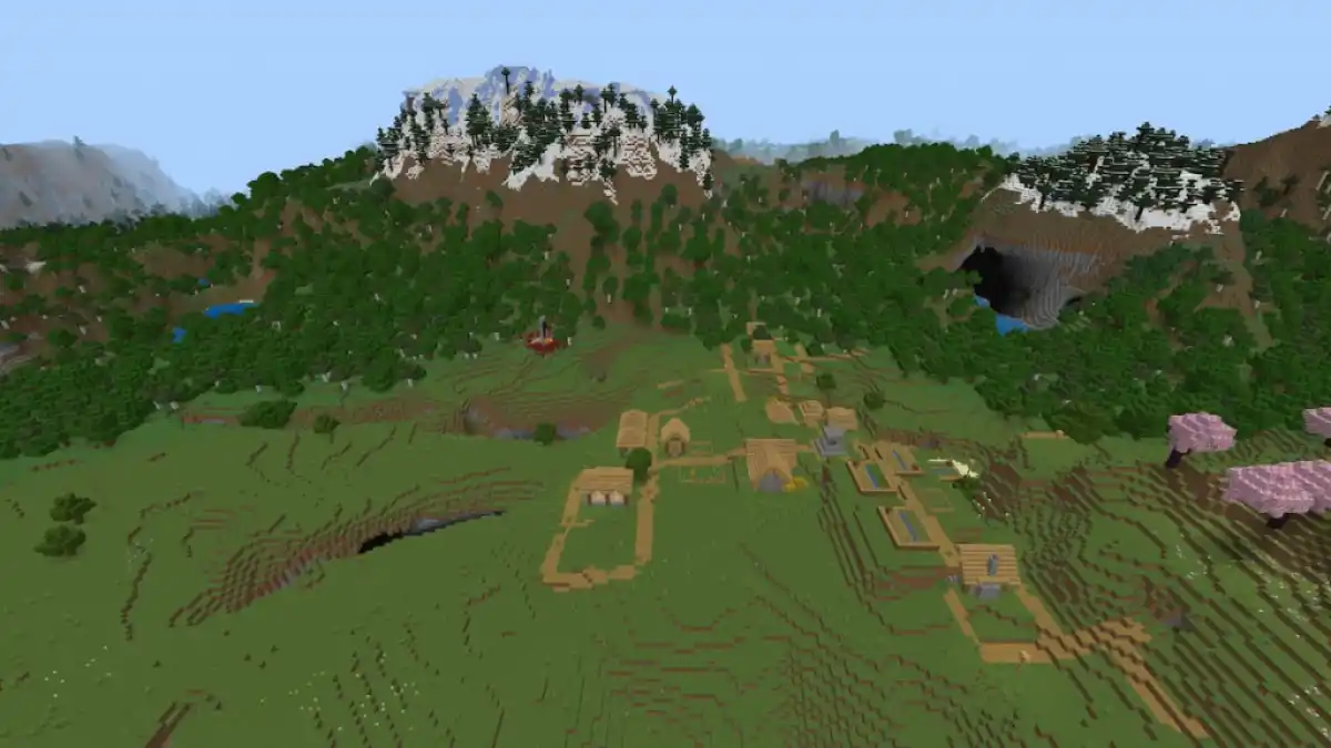 A Minecraft seed containing Cherry Groves, Meadows, and a Plains Village.