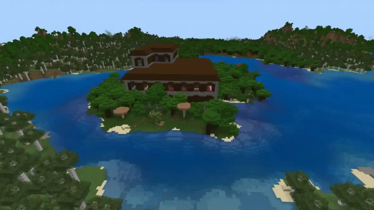 A Woodland Mansion in the middle of a lake.