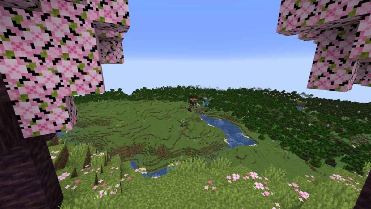 A Cherry Grove hill overlooking a Pillager Outpost in Minecraft.