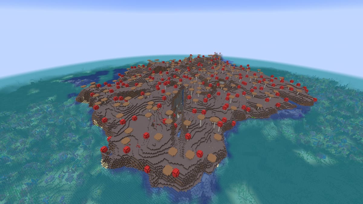 A Mushroom island filled with caverns above a Coral Reef.