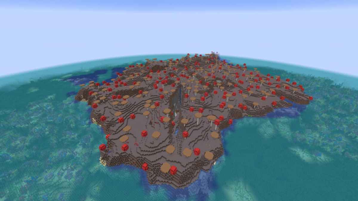 A Mushroom island filled with caverns above a Coral Reef.