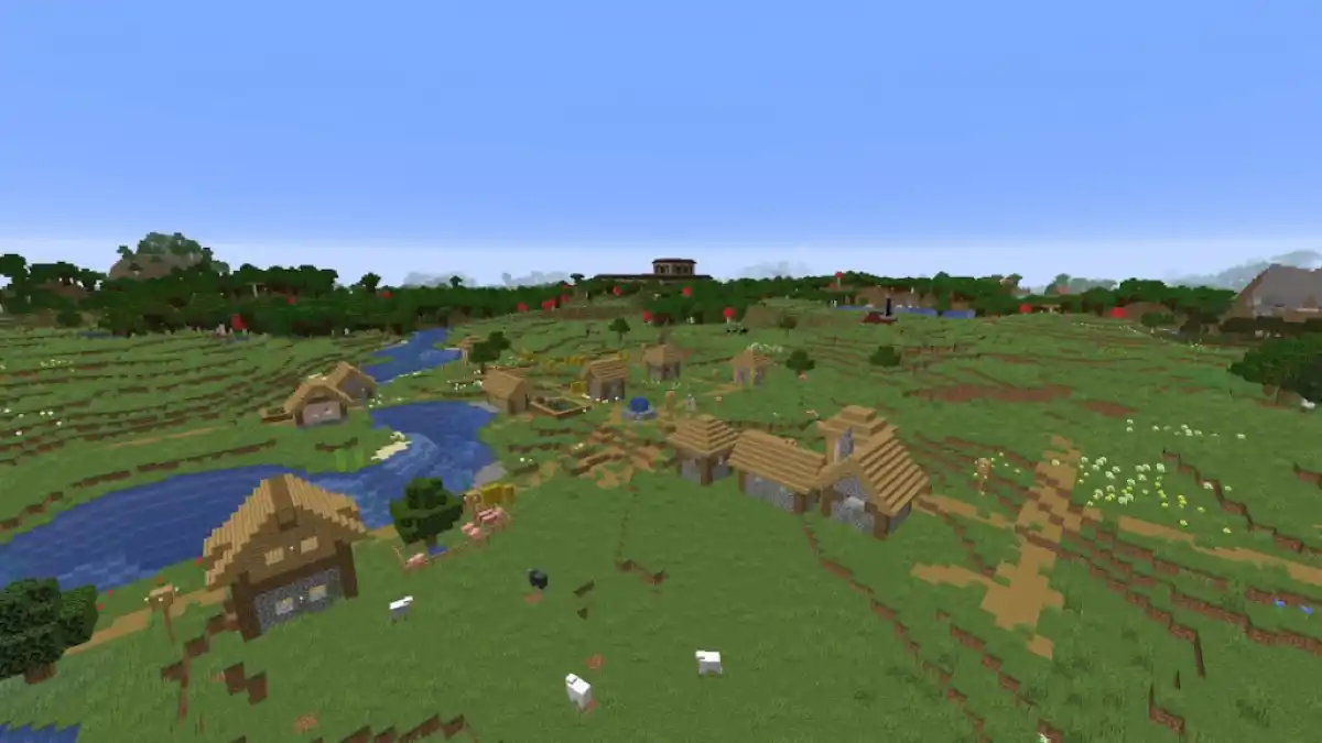 A Plains Village in a flower-filled Meadow with a ruined portal and a Woodland Mansion in sight.