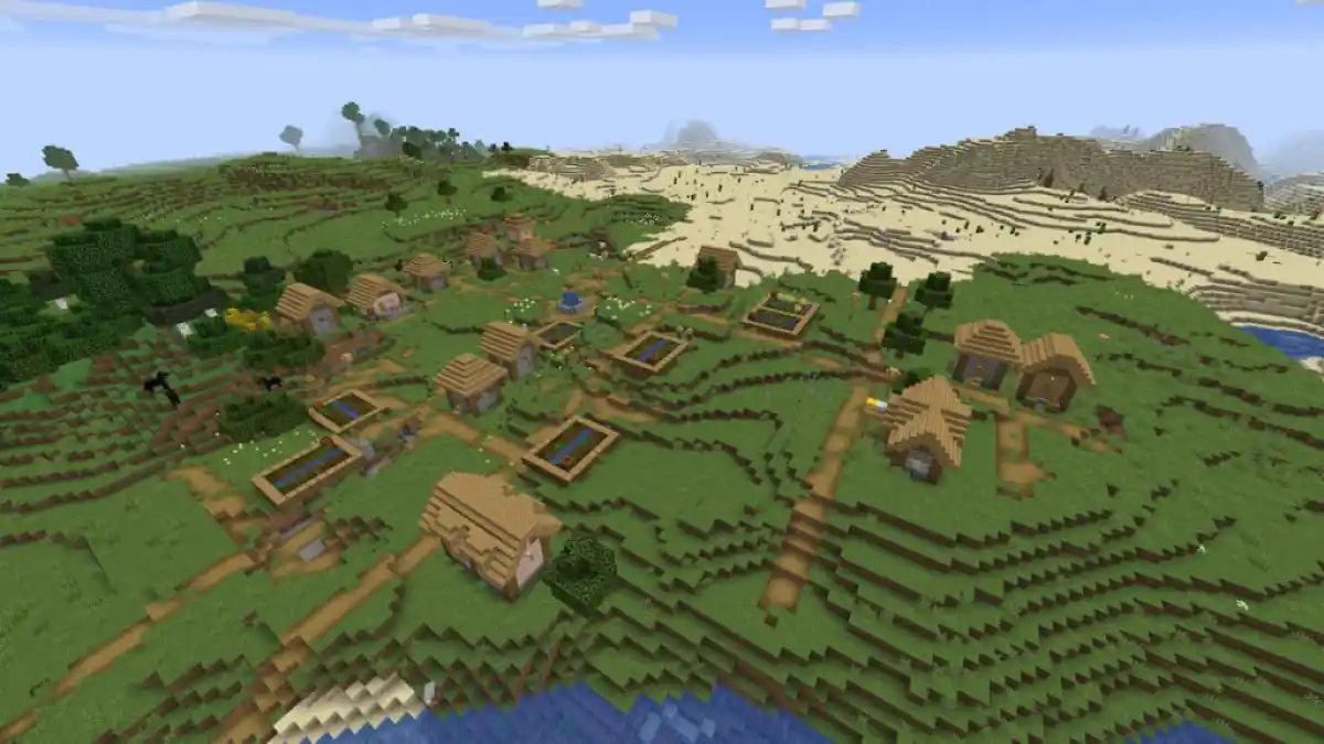 A large Plains Village at the beginning of a Minecraft world.
