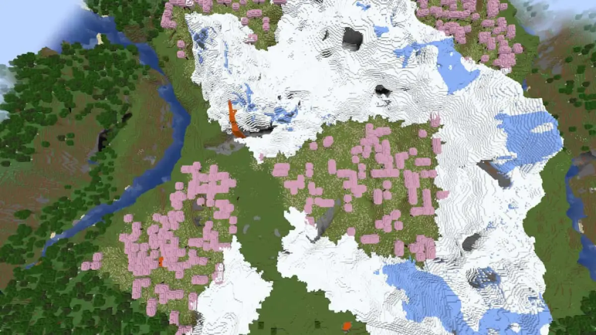 Cherry Grove biomes next to snowy mountains riddled with caves.