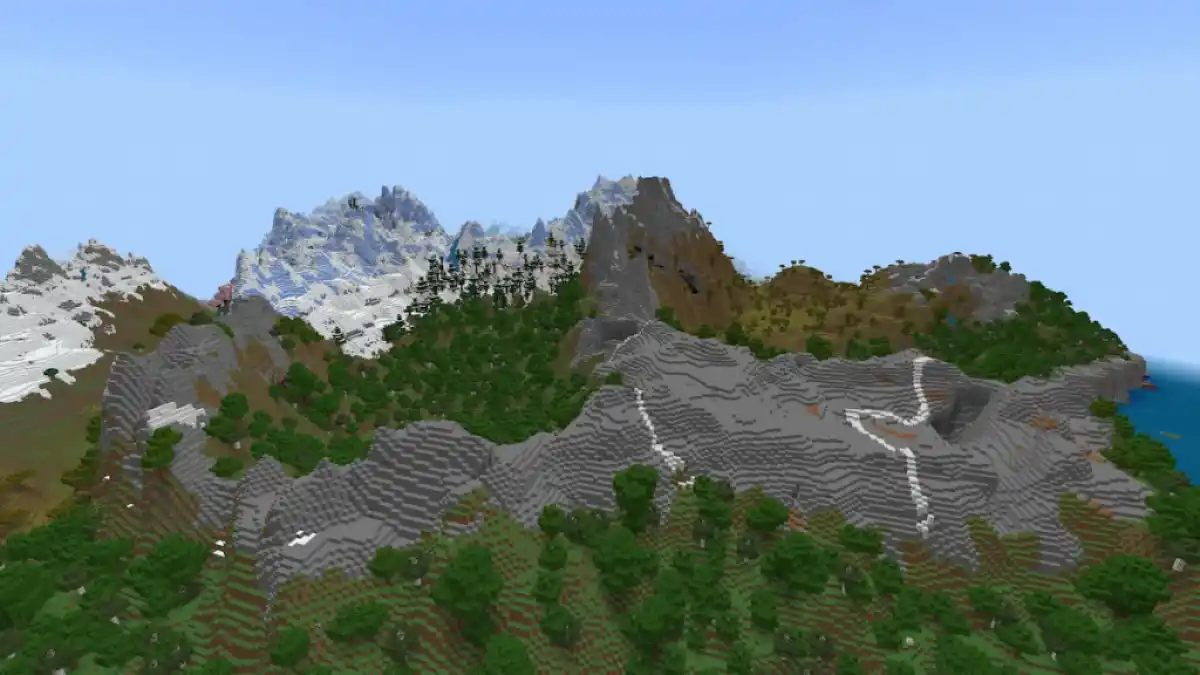 A beautiful Minecraft  stony mountain seed with lots of trees.
