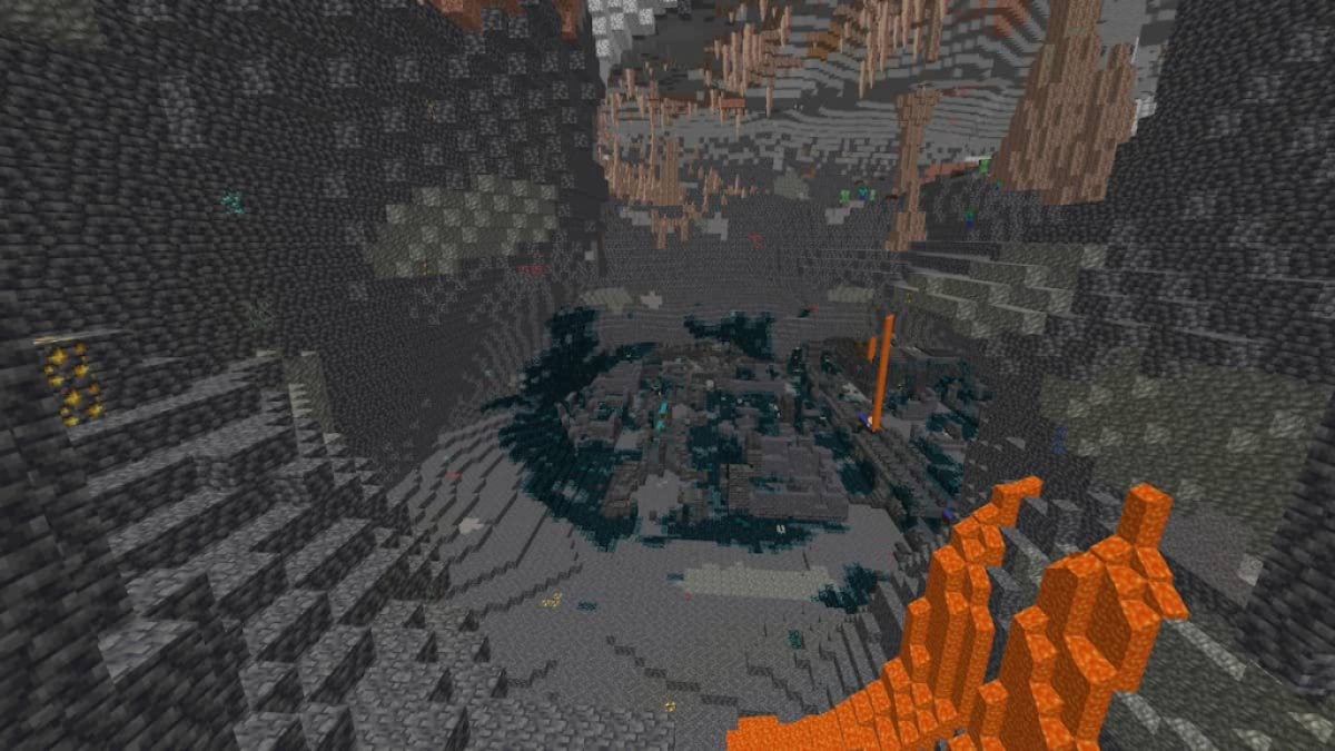 A giant cavern with an Ancient City, dripstone, and lava.