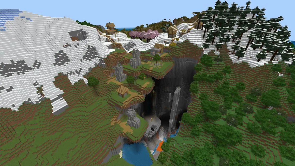 A Plains Village balancing precariously above a deep cavern with water and lava falls.