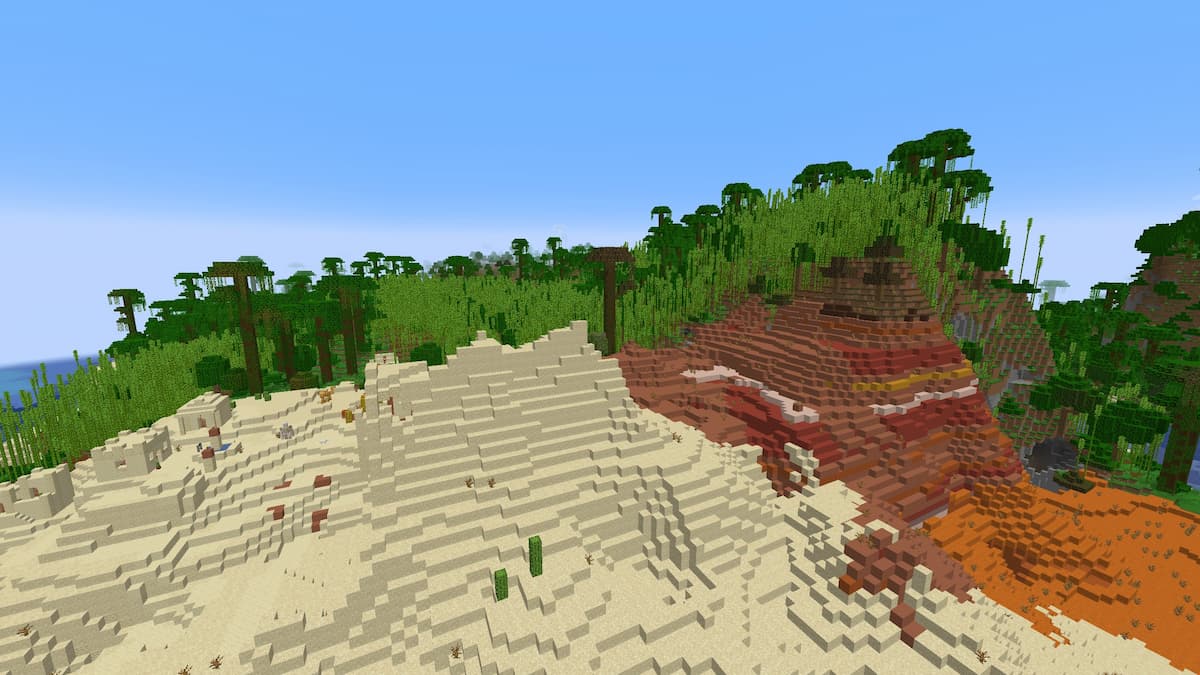 A bamboo jungle biome that transitions into a badlands biome.