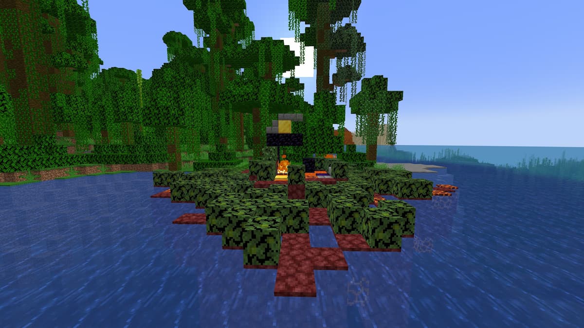 A destroyed portal taken over by jungle leaves.