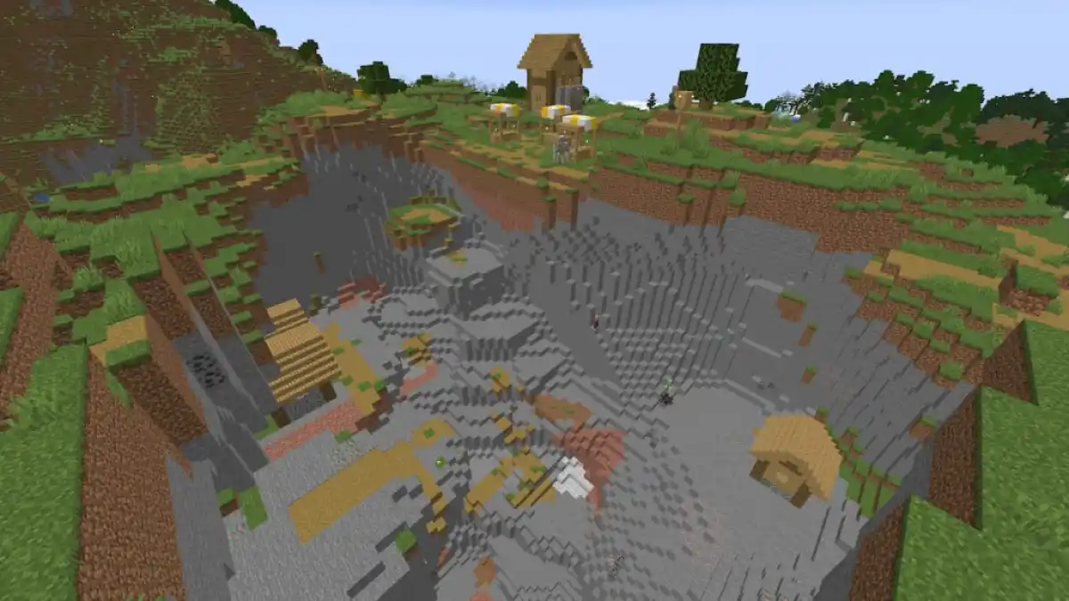 A Plains Village with half of the houses in a giant cave beneath the rest of the village.