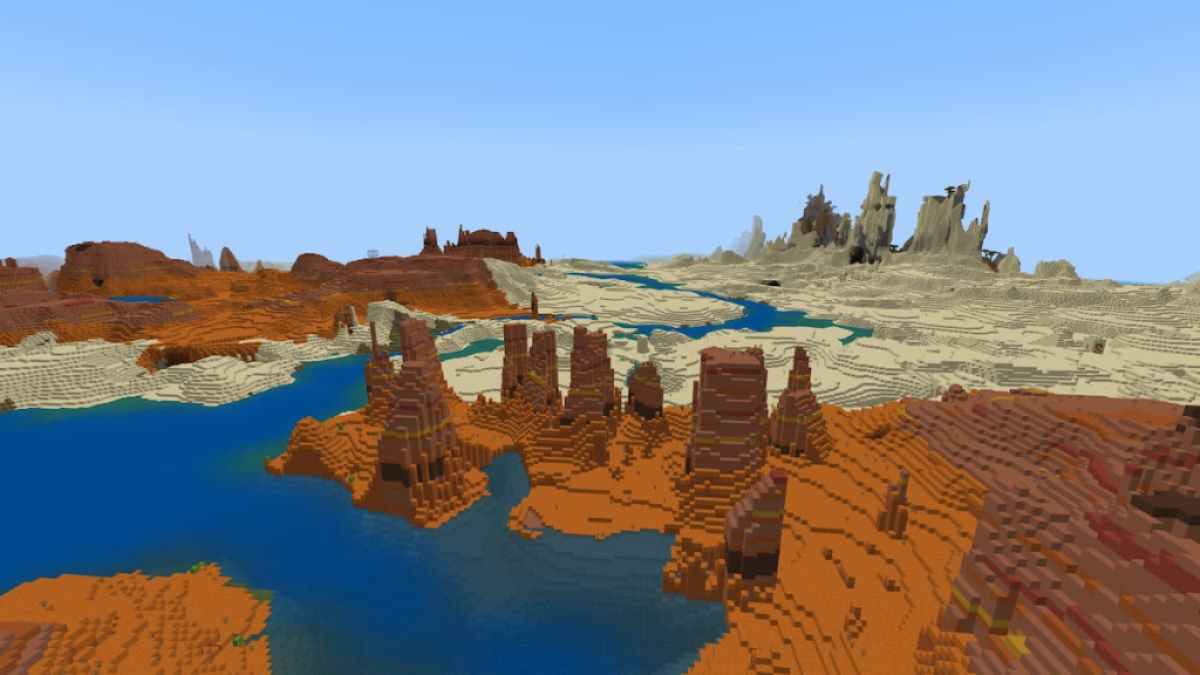 A Minecraft seed containing a mix of Desert, Badlands, and Windswept biomes.