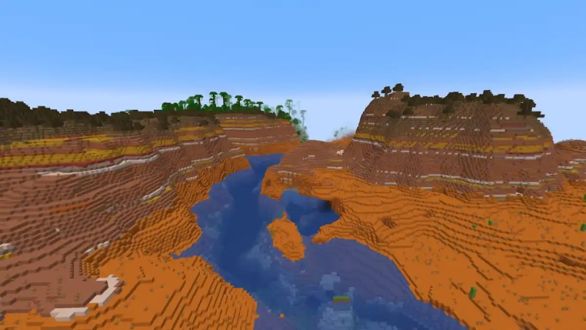 A winding river in a Minecraft Badlands biome.