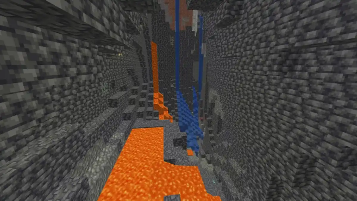 Rows of lava and waterfalls in a deepslate ravine containing diamonds.