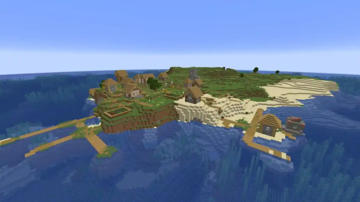 A beginner Minecraft island with a small Plains Village.