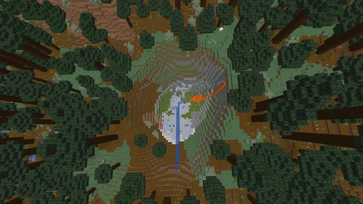 A crater in a Taiga biome that has turned into a Lush Cave.