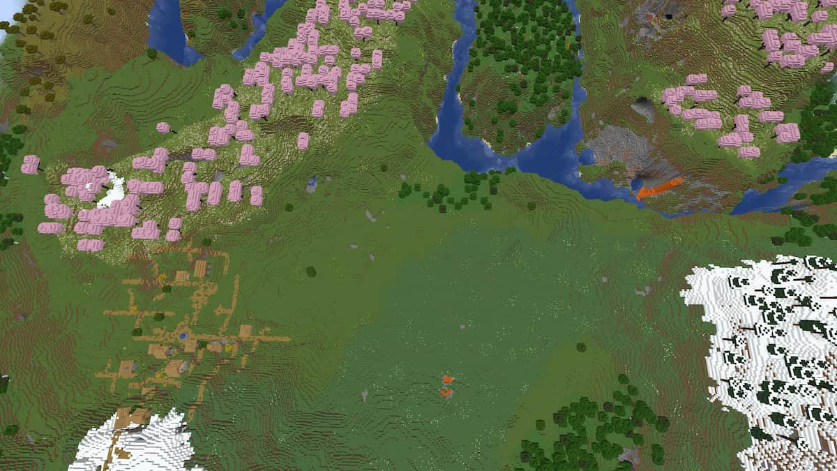 A huge Meadow with a Plains Village, Cherry Grove biomes, and a snowy hill.