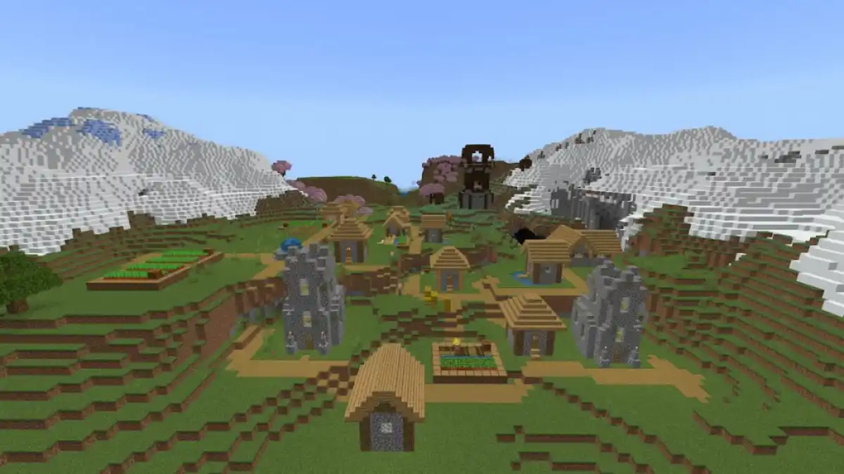 A Minecraft seed containing a Pillager Outpost next to a Plains Village.
