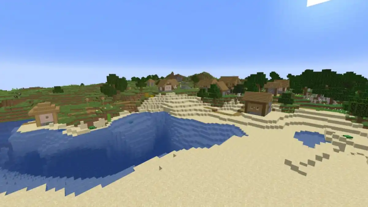 A Minecraft Plains Village next to a beach spawning turtles.