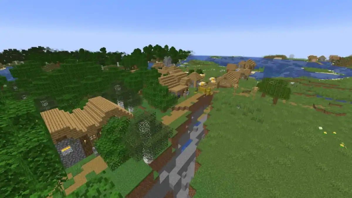 A flooded Minecraft Plains Village next to a ravine.