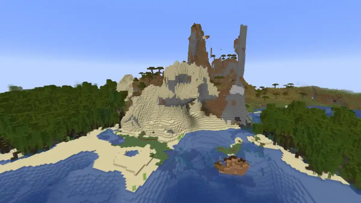 A Mangrove Swamp surrounding a Windswept Hills biome and a Desert with a shipwreck.