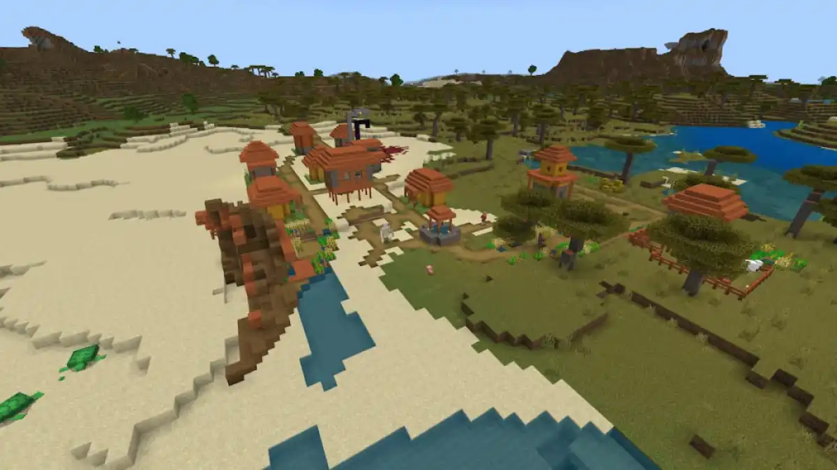 A Savanna Village with a shipwreck and ruined portal on the beach.