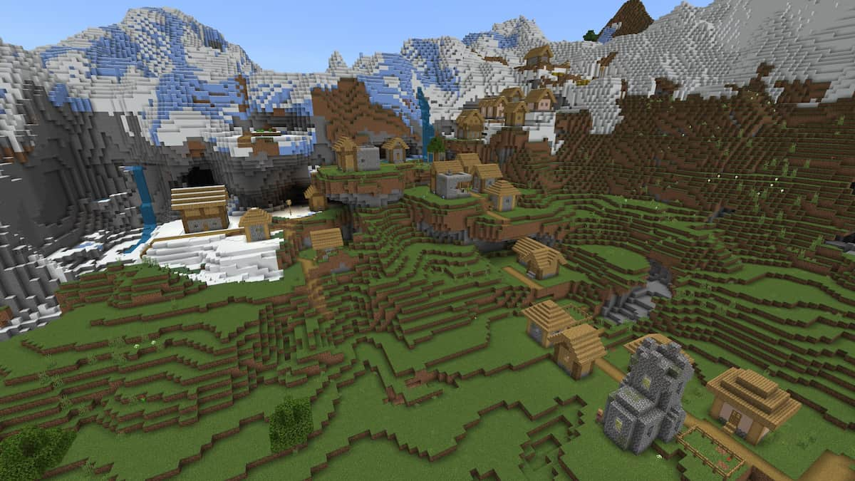 A Plains Village at the edge of a snowy mountain with caves.