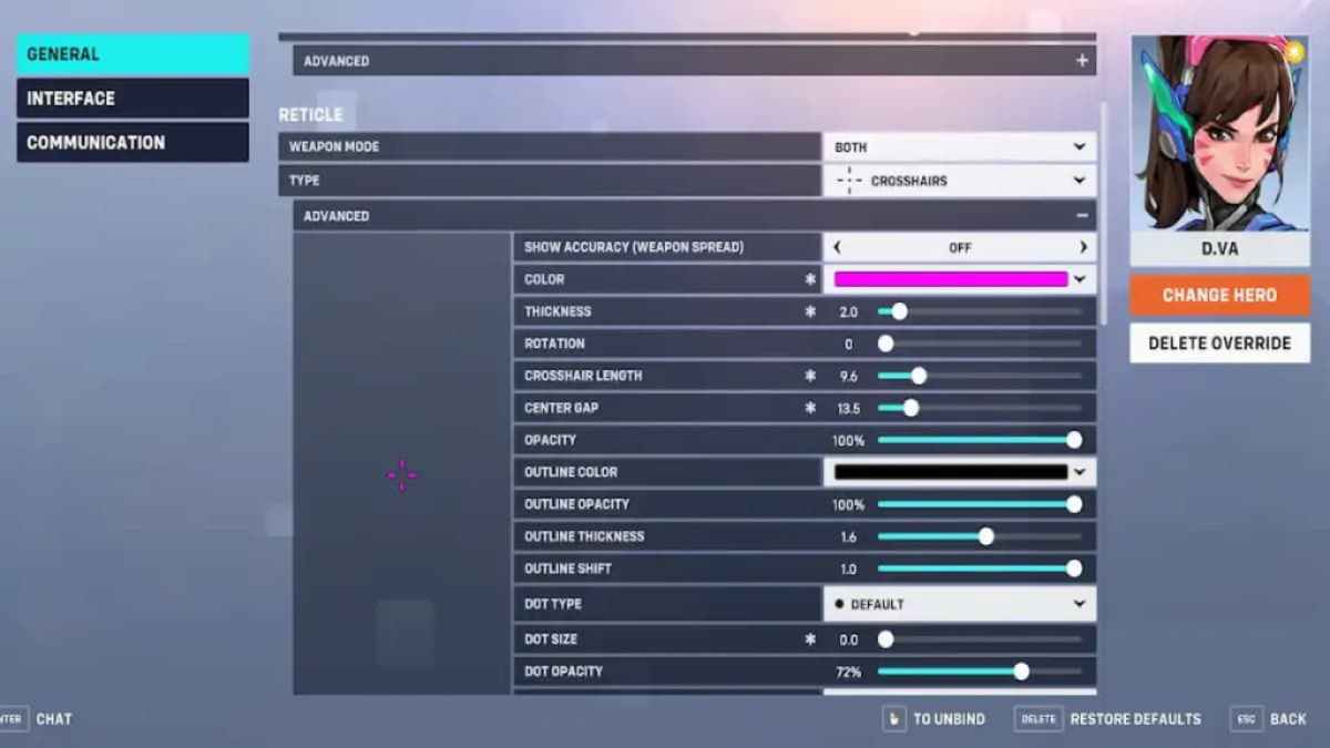 The best Crosshair settings for Dva in Overwatch 2.