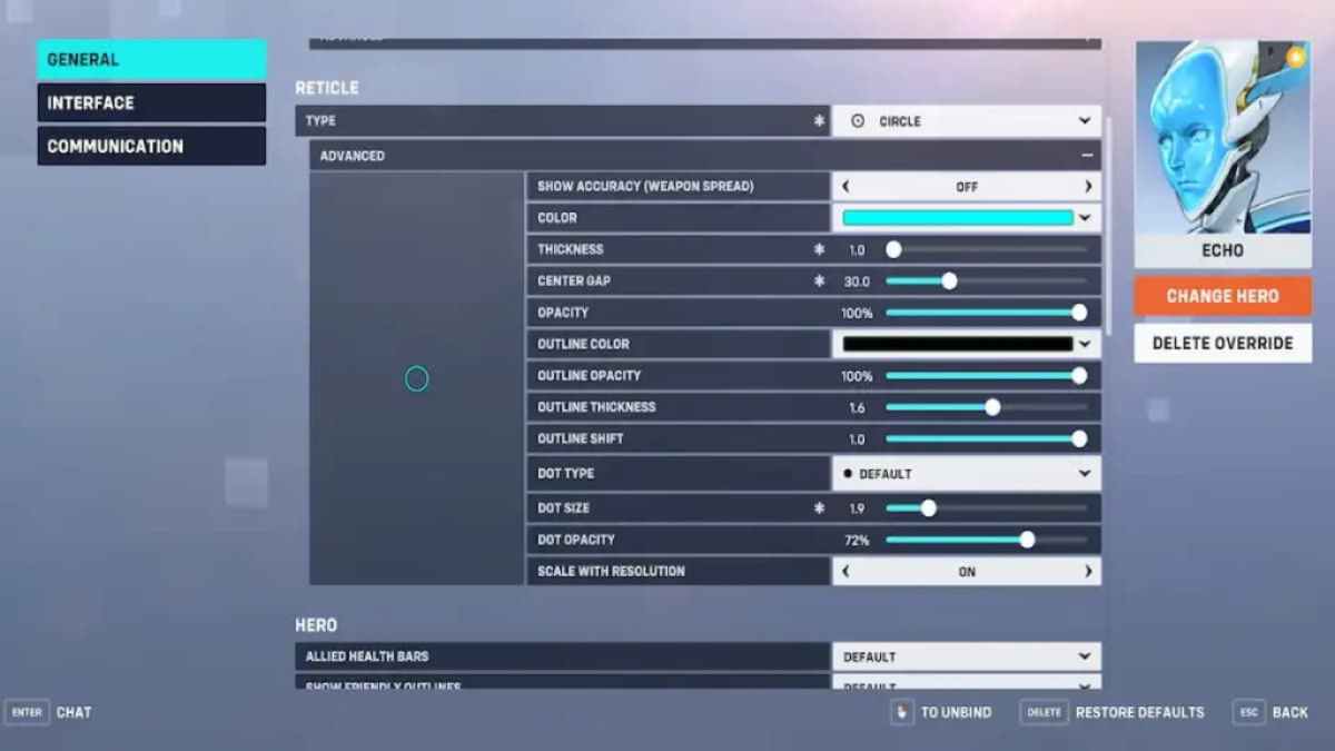 The crosshair settings in Overwatch 2 for Echo.