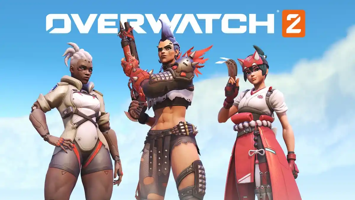 Sojourn, Junker Queen, and Kiriko in front of the Overwatch 2 Logo.