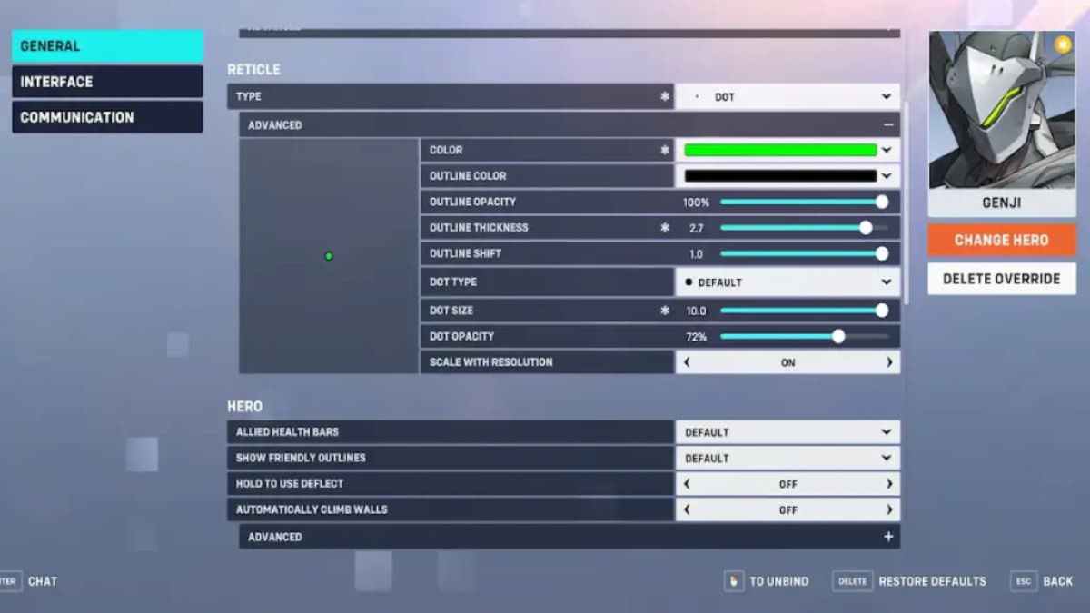 The crosshair settings in Overwatch 2 for Genji.