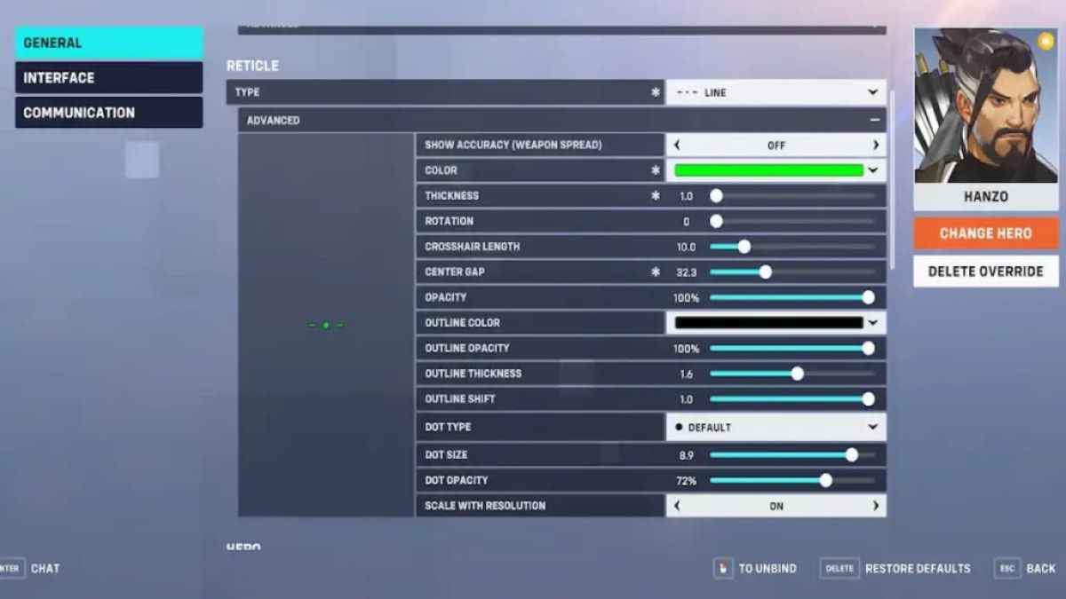 The crosshair settings in Overwatch 2 for Hanzo.