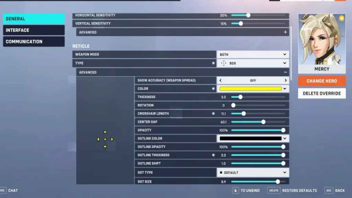 The best crosshair settings in Overwatch 2 for Mercy.